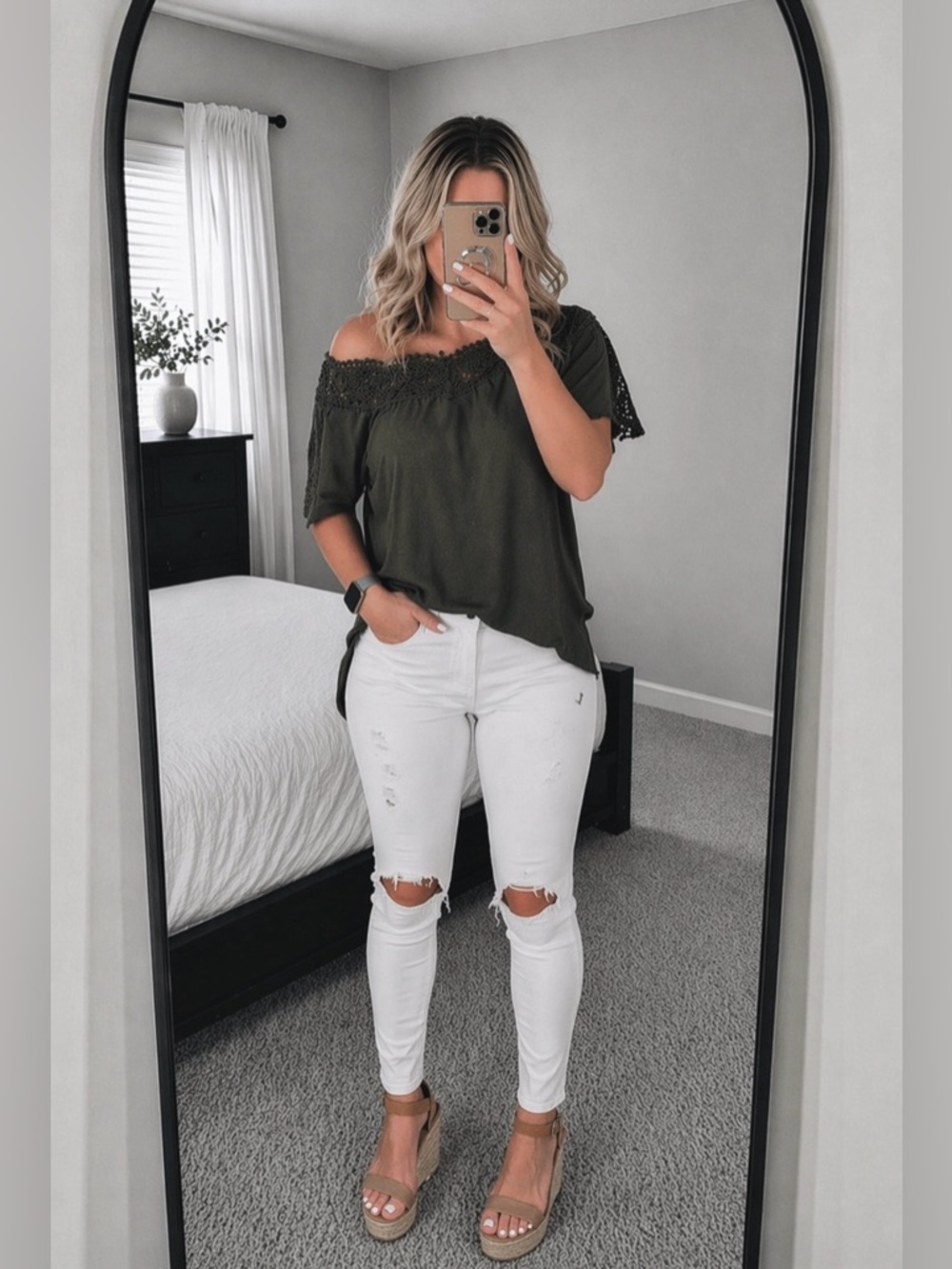 Off-Shoulder Beautiful Green Lace Trim Blouse | Boutique Top | Size Large